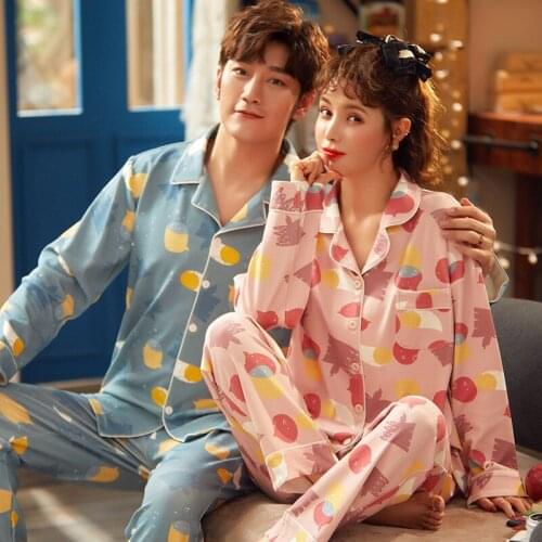Cute Lovers Pyjamas Full Sleeve Cotton Pajama Sets Cartoon Couple Pajamas For Women Simple Plus Size Male Sleepwear Clothes Suit