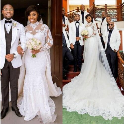 African High Neck Wedding Dresses Mermaid Ivory Lace Applique with Overskirt Sweep Train Custom Made Long Sleeves Wedding Gown