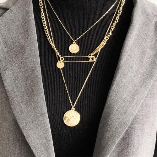 2021 Vintage Gold Chain Pin Human Head Coin Necklace For Women Female Fashion Boho Collar Multilevel Pendant Jewelry Gift