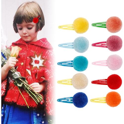 10pcs Candy Color Pom Pom Ball BB Clips Rainbow Macaron Sweet Snap Hairpin Little Girls Water Drop Barrettes Kid School Headwear