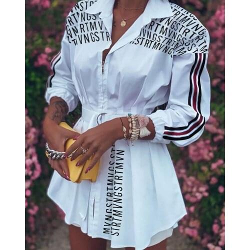 Korean Shein Blusas Sashes Womens Shirt 2020 New Hot Sale Letter Printing Waist Turn-down Collar Long Sleeve Office Lady Full