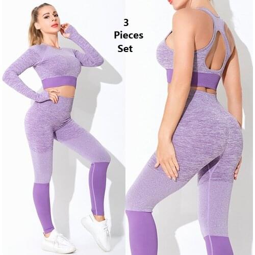 3pcs Womens Sportswear Yoga Set Athletic Wear Sports Gym Legging Fitness Bra Crop Top Long Sleeve Yoga Suit Sports Clothing