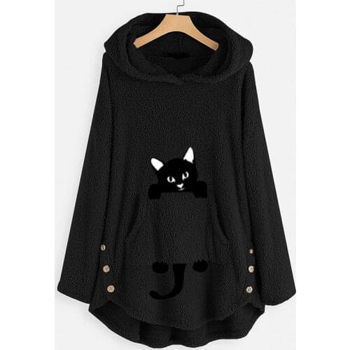 Womens Fluffy Cuddly Hoodies Teddy Coat Pullover Cat Animal Front Pocket Daily Basic Cute Sweatshirts Casual Loose Long Sleeve