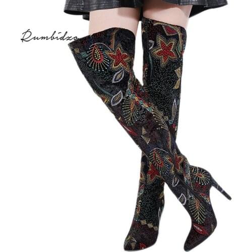Rumbidzo Womens Boots Pointed Toe Slim Thigh Sexy Over The Knee Side Zipper Embroidered Print Bootie Sapatos Feminios Stilleo