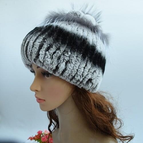 Real rex rabbit fur caps winter fur hat for women rex rabbit pompoms fur hat with fox fur flowers skullies knitted beanies
