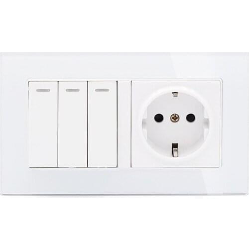 146 German Wall socket European standard socket 3 gang 3 way EU switch Toughened glass panel