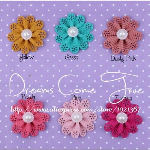 20pcs/lot 5.5CM 6 Colors Mini Fashion Artificial Fabric Flowers+Shinning Pearl Button DIY Eyelet Hair Flowers For Baby Headbands
