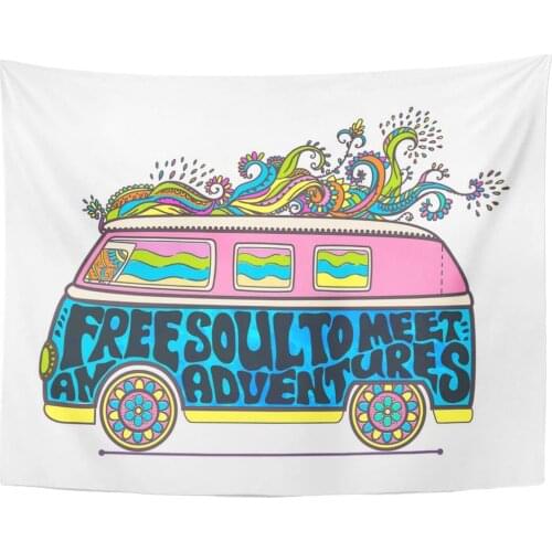 Tapestry Hippie Vintage Car Mini Van Ornamental Love and Music with Hand Written Fonts Doodle Hippy Color Retro Tapestries Wall