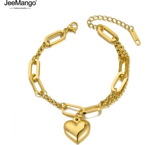 JeeMango Fashion Bohemia 316L Stainless Steel Heart Charm Chain & Link Bracelets For Women Girls Браслеты С Подвесками JB20090