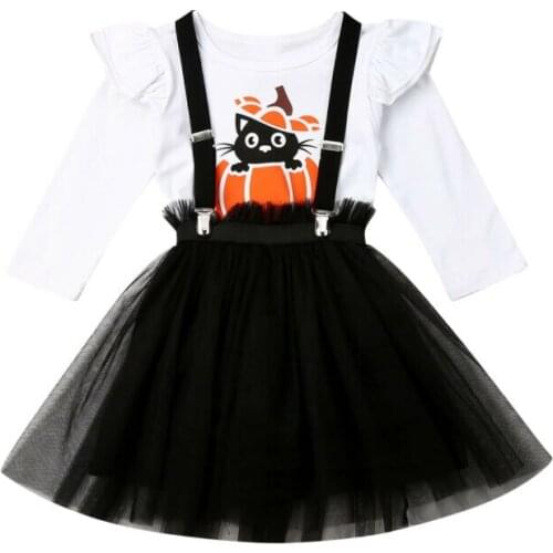 2pcs Halloween outfit set for Toddler Kid Baby Girl Halloween long sleeve T-shirt Skater Tulle Skirt Party Outfit Set