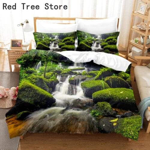 3D Waterfall Landscape Bedding Set Plants Printed Single Duvet Quilt Cover Pillowcase Set King Size Polyester Kids Home Textiles