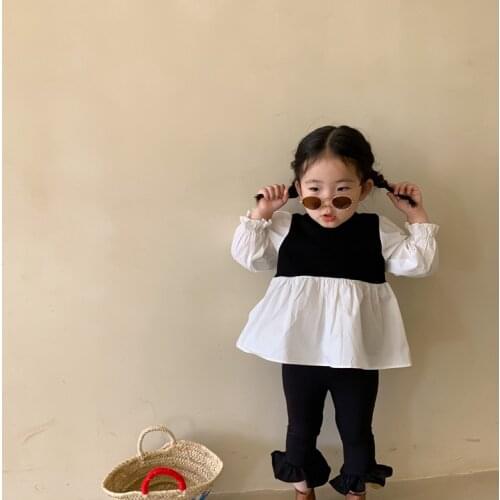 Korean Childrens Clothing 2021 Autumn Children Girls' Clothing Two-Color Doll Shirt Top Stitching