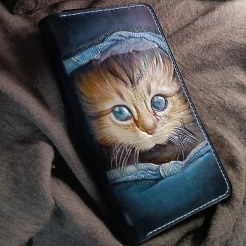 Handmade Wallets Carving Cat Purses Men Long Clutch Vegetable Tanned Leather Wallet Card Holder