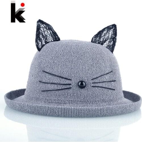 Summer Straw Hat With Cute Cat Ears For Women Wide Brim Beach Hats Headgear For Girls Casual Sun cap Chapeau Paille Feminino