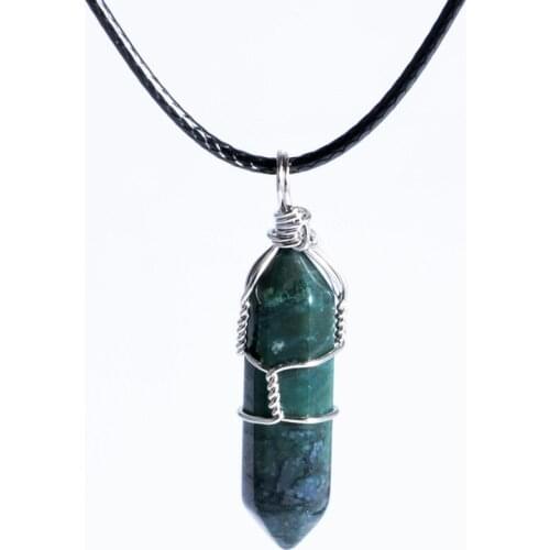 Fashion Charms With Black Leather Rope Dark Green Natural Stone Crystal Pillar Shape Pendant Necklace Jewelry DZ0113f