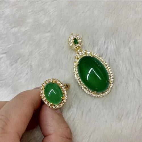 Natural Green Chalcedony gemstone jewelry set natural Chalcedony ring pendant fine jewelry for woman for gift wholesale