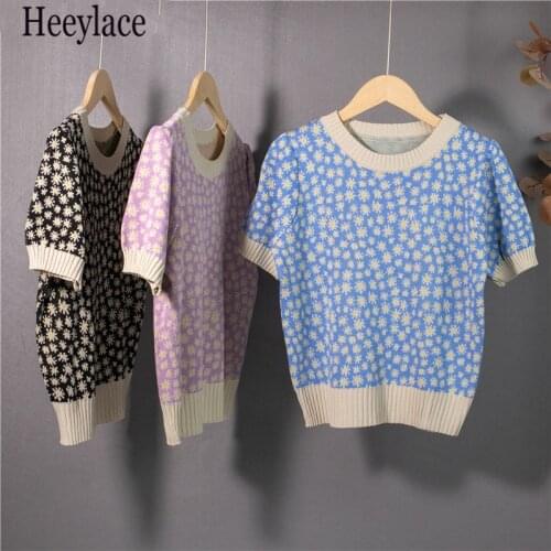 New 2021 Women Summer T-Shirt Fashion Bottoming Basic Floral Knitted Puff Sleeve Vintage Korean Style Lady Sweet Tops