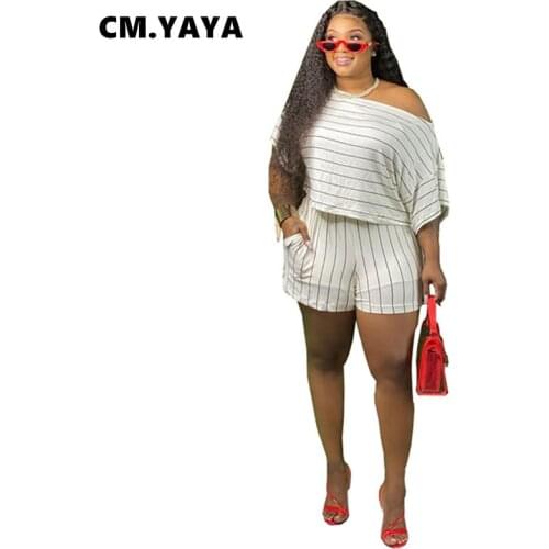 CM.YAYA Plus Size New Striped Women Set Two Piece Set Tracksuit Tee Top Shorts Jogger Sweatpant Suit Fitness Outfit Matching Set