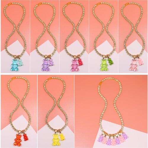 Handmade Rhinestone Colorful Jelly Teddy Bear Charm Necklace Hip Hop Gummy Pendant Crystal Gold Color Chain Necklace Jewelry