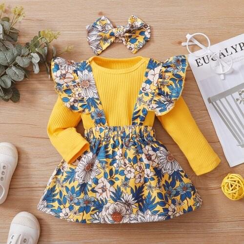 3Pcs Newborn Dress Baby Girl Dress Romper + Floral Print Suspender Skirt + Headband Long Sleeve Spring AutumnToddler Dress