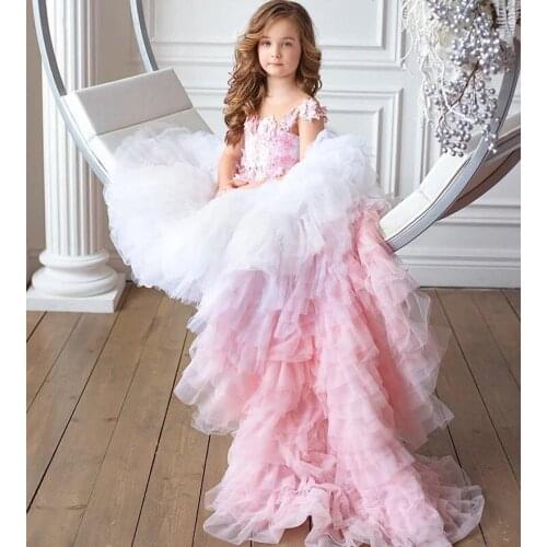Pink 3d Applique Flower Girls Dresses For Wedding Lace Long Train First Communion Dresses Party Princess Gown Pageant Dresses
