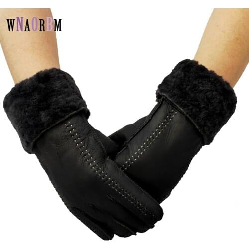 Warm Winter Gloves for Women Outdoor Sheep Leather Length Gloves Ladies Sheepskin Genuine Fur Guantes Mitten Full Fingers