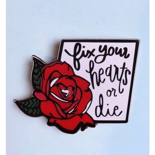 Fix Your Hearts Or Die Red Rose Brooch Pins Enamel Metal Badges Lapel Pin Brooches Jackets Jeans Fashion Jewelry Accessories