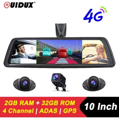 QUIDUX 4G 4 Channel Dash Cam ADAS Android 2GB RAM 1080P Mirror Recorder GPS WIFi Car DVR Video Recorder Rearview Mirror Camera