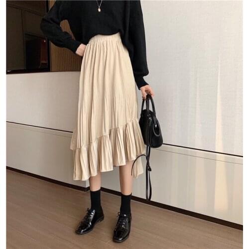 2021 New Woman Golden Velvet Pleated High Waist Slim Casual Skirt Mid Length Autumn Winter A-line Skirt Girl Daily Beige