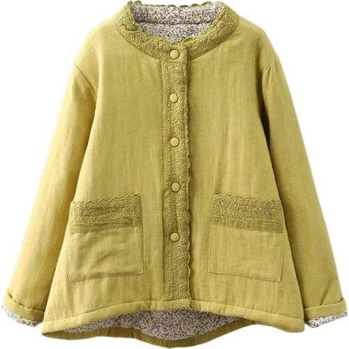 Stand-Up Collar Lace Stitching Cotton Padded Coat Women Loose Casual Padded Jacket Casual Winter Warm Fashion Short jackets