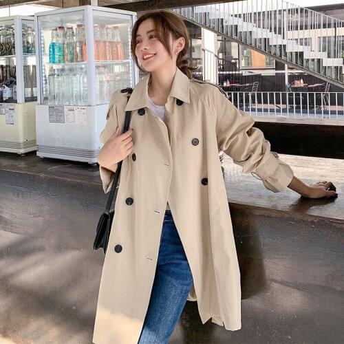 Womens Windbreaker Spring Autumn New British Fashion Pure Color High Quality Double Breasted Lace-up Commuter Feminine Coat 119