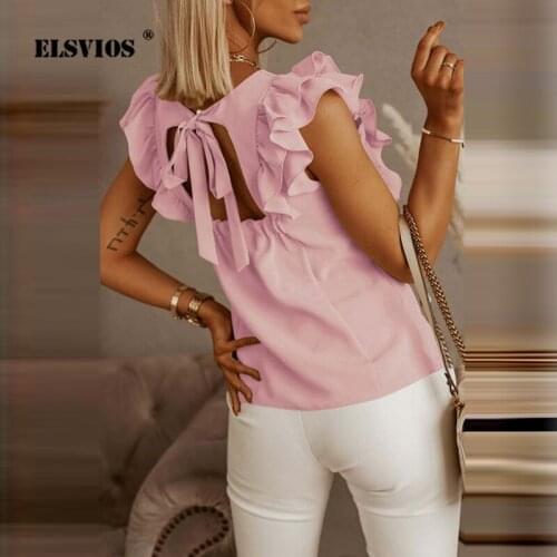 New Summer 2021 Women Elegant Solid Blouse Vintage Ruffled Sexy Backless Tops Ladies Casual O Neck Sleeveless Office Blouses 3XL
