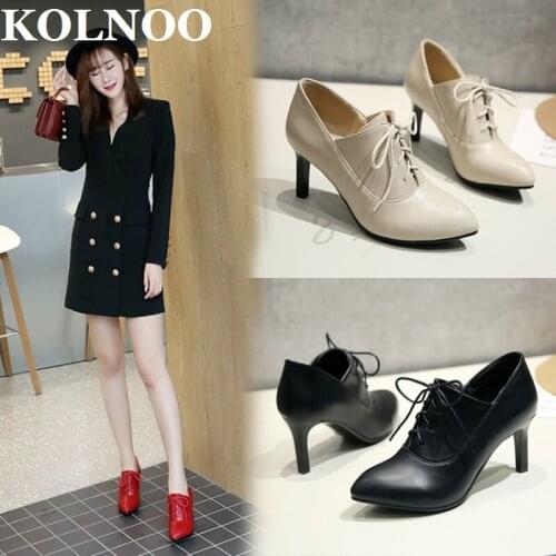Kolnoo Handmade New Style Ladies High Heels Pumps Cross Lace-Up Pointed-Toe Four Colors Dress Shoes Party Fashion Court Shoes