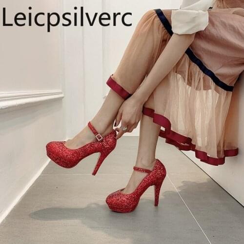 Pumps Spring and autumn The New fashion Round head Shallow mouth Buckle Sequin Fine heel High heel Womens shoes plus size 32-43