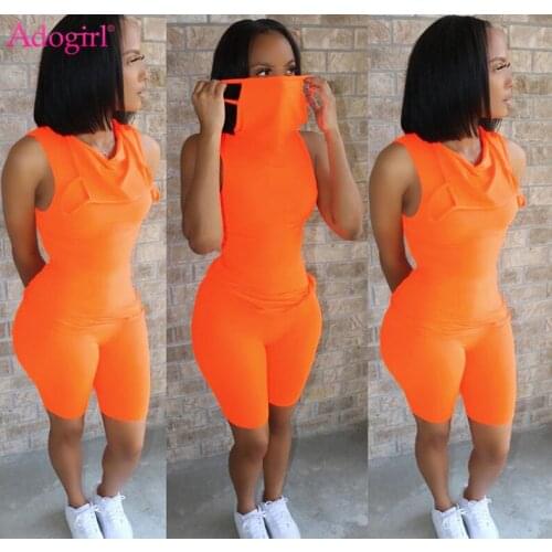 Adogirl Solid Scarf Collar Seamless Two Pieces Set Casual Tank Vest Top Half Shorts Bodycon Tracksuit 2020 Fashion Outdoor Suits