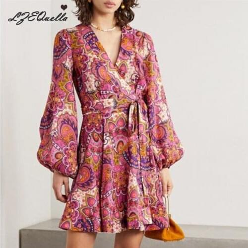 LZEQuella V Neck A-Line Flower Print Boho Dress Women Long Sleeve Ruffle Belt Mini Party Dress Casual Daily Clothes Fashion