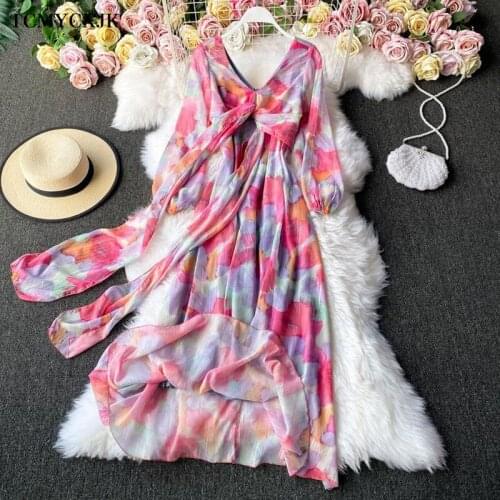 Fashion Chiffon Floral Dress Women Summer 2021 New Harajuku V-neck Long Sleeve Waist A-line Long Bohemian Dress Robe Sexy Femme