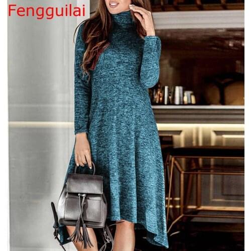 Women Turtleneck Warm Knitted Sweater Dress Autumn Winter Long Sleeve Irregular Dress Elegant Solid Ladies Party Dress