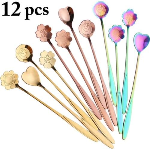 12 Pcs/Set Stainless Steel Coffee Dessert Spoons Long Handle Sugar Seasoning Milk Powder Stirring Spoon Kitchen Tableware Sets