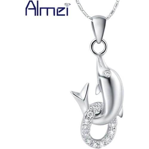 Almei 15%Off 2017 Necklace for Girl Friendship Gift Dolphin Pendant Necklaces Silver Jewelry Rhinestones Bijuterias Jewelry N781
