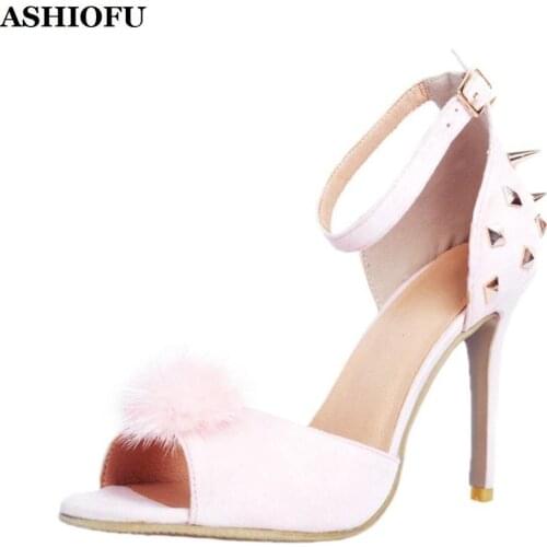 ASHIOFU New Sale Handmade Ladies High Heel Sandals Faux-fur Party Summer Shoes Rivets Spikes Evening Fashion Sandals Shoes XD278