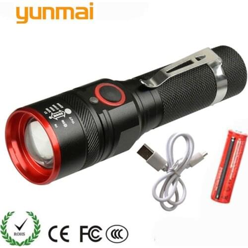 Yunmai USB Rechargeable Flashlight T6 Led Flash light Zoomable 3 modes torch for 18650 with USB cable Camping fishing running