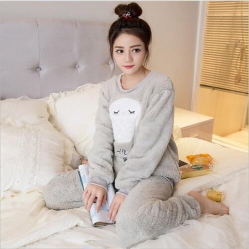Foply Flannel Pajamas sets Women Fall/Winter New 2 Piece Pajamas Suit Women Round Neck Pajamas Comfortable Home Wear Pajamas