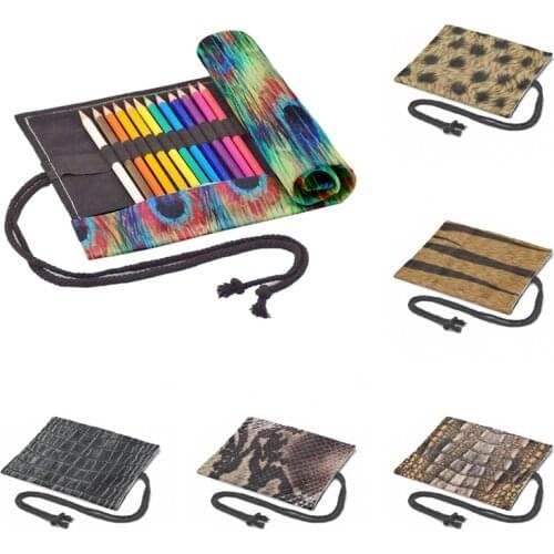 Animal Tattoo Printed Pencil Case 12/24/36/48/72 Holes Canvas Storage Bag Student School Supplies Draw Girls Art Roll Pen Bag