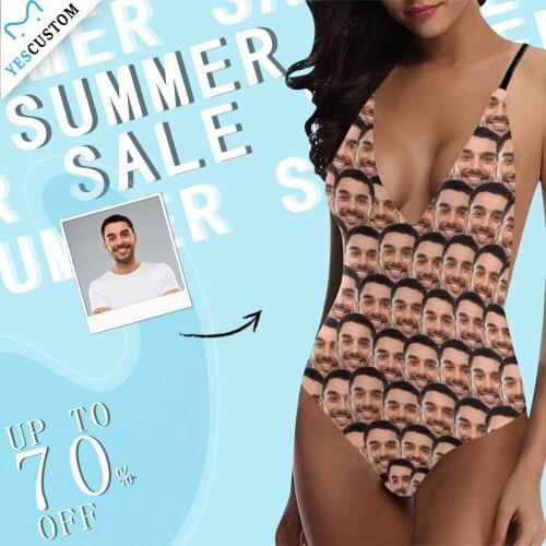 M YesCustom Custom Face Funny Smash Women One Piece Swimsuit Top Bikini Set 2021 V-Neck Backless Swimwear Party Bathing Suit