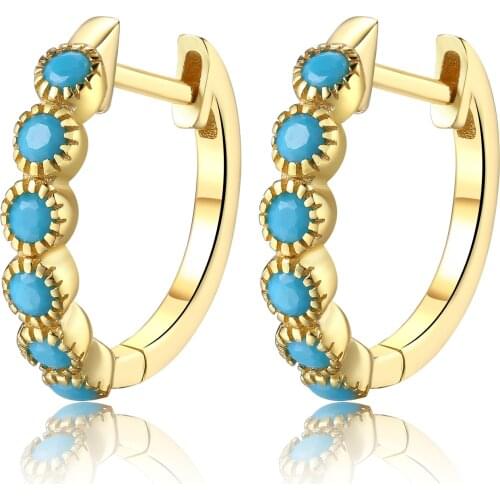 Trendy 10mm 925 Sterling Silver Gold Hoop Earrings Blue Turquoise Ear Stud Earring Round Shape Huggie Hoop Woman Man Party Gift