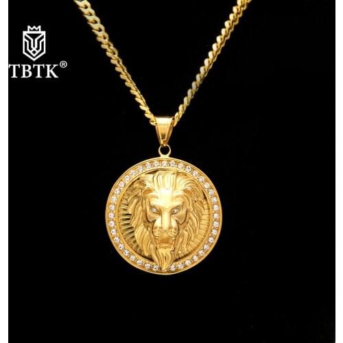 TBTK Promotion Round Tag Punk Jewelry Iced Out Fashion Stainless Steel Lion Pendant Men Necklace Trendy Gold Chain Gift