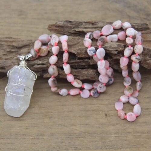 Natural Pink Opal Chip Beads Knotted Handmade Yoga Necklaces,White AB Crystal Point Pendants Mala Jewelry Wholesales,QC0108