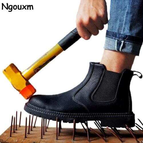 Ngouxm Men Winter Autumn Safety Boots Steel Toe Work Shoes Chelsea Boots Outdoor Leather Waterproof Puncture-Proof Boots