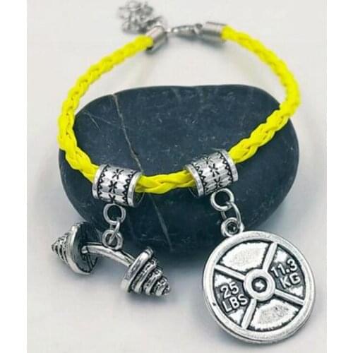 New Hot 20pcs/lot Free Shipping Weight Plate Dumbbells Charm Pendant Multicolor Leather Braided Rope Bracelet 25LBS 11.3KG